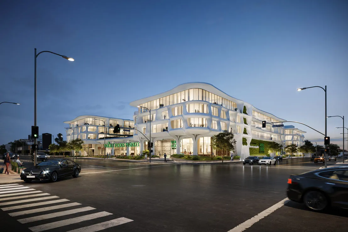 A futuristic commercial building with a Whole Foods Market on the ground floor, captured during dusk, 3D renderings in Los Angeles.
