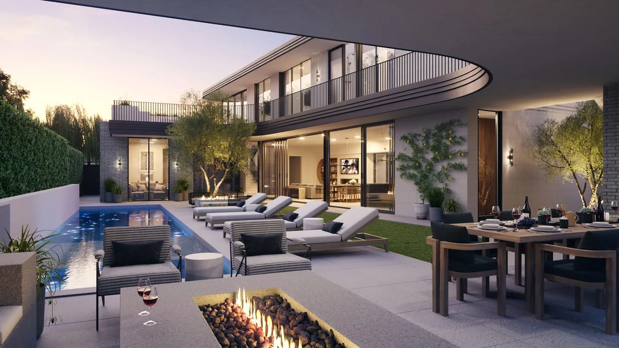 A luxurious modern home with a pool and outdoor seating area at sunset, 3D renderings in Los Angeles.