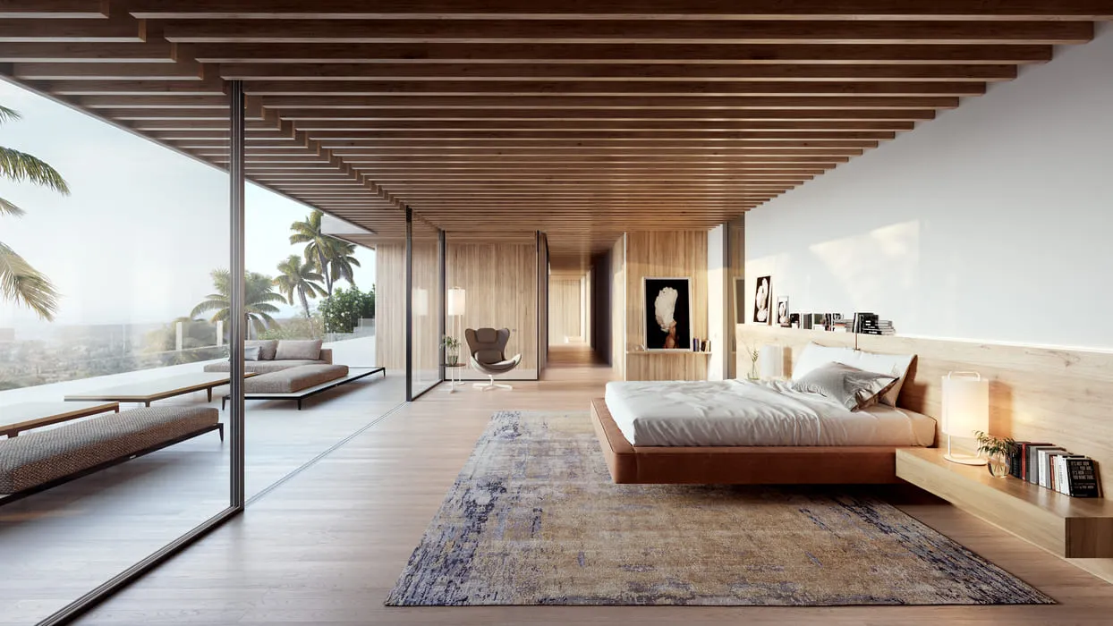 A spacious, minimalist bedroom with floor-to-ceiling windows offering a scenic view, 3D renderings in Los Angeles.