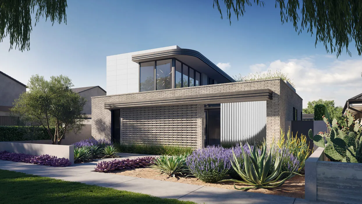 A contemporary house with a beautifully landscaped front yard and minimalist architecture, 3D renderings in Los Angeles.