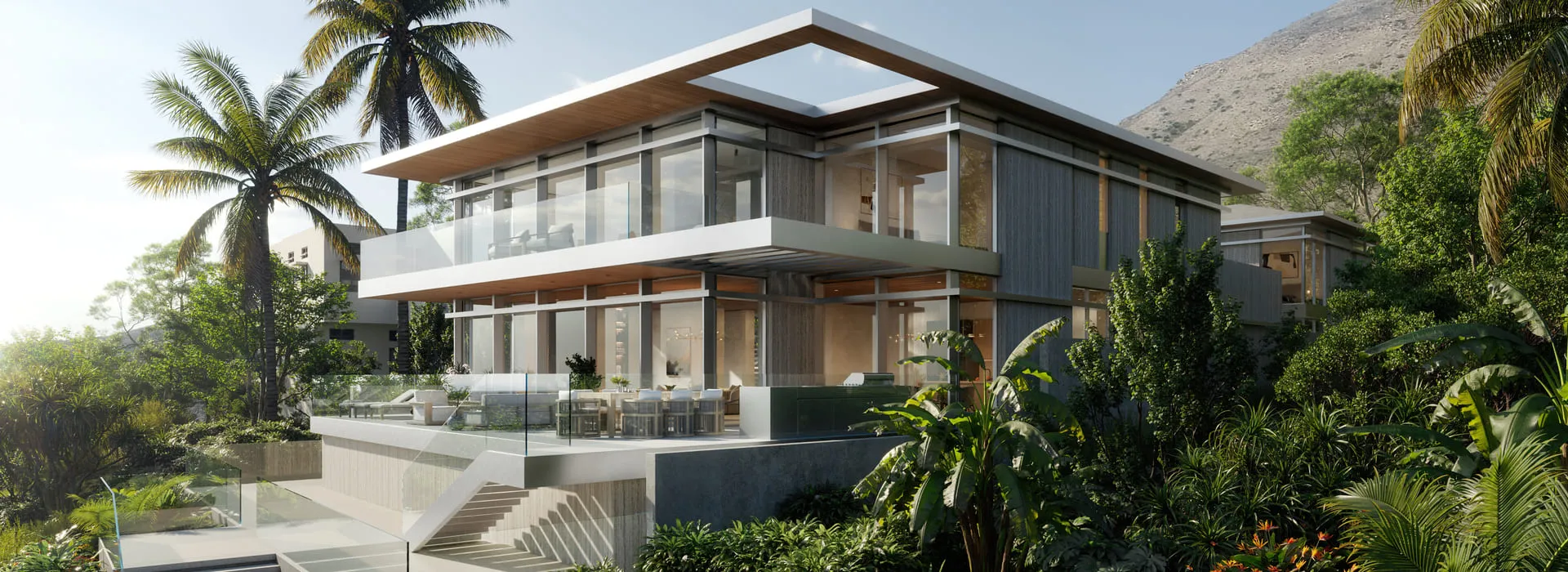 A sleek, modern home surrounded by lush greenery and palm trees, located on a hillside, 3D renderings in Los Angeles.