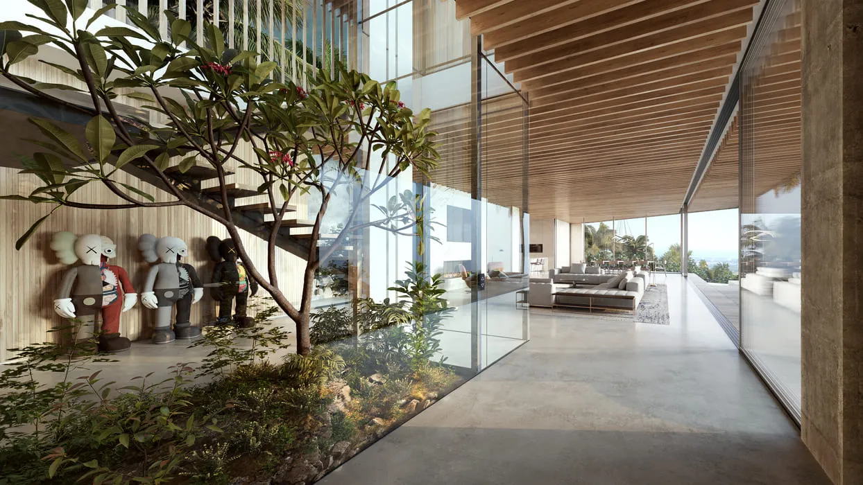 An elegant open-plan living area with a garden feature and modern art pieces, 3D renderings in Los Angeles.