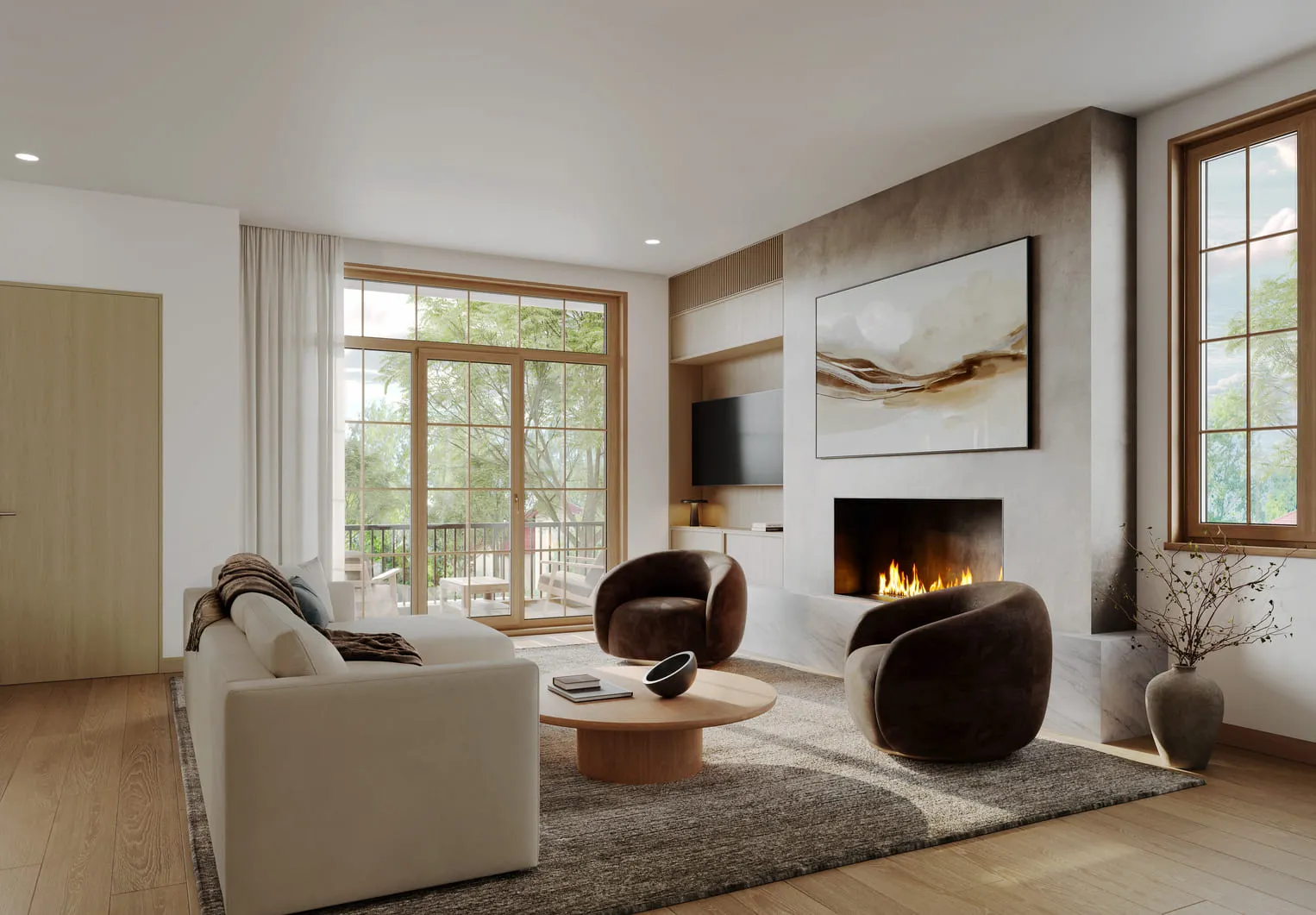 A cozy living room with a fireplace, comfortable seating, and wooden accents, featuring large windows that bring in natural light. 3D apartment rendering.