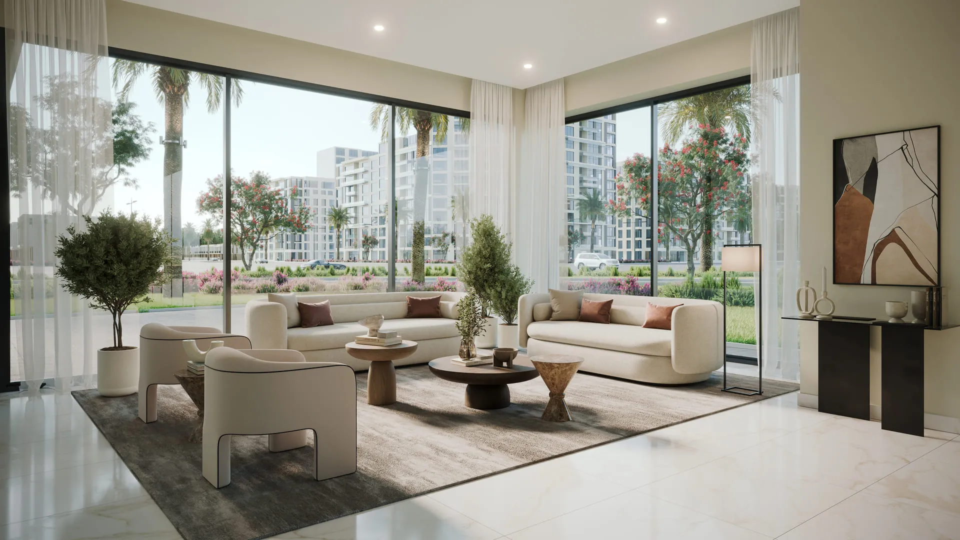 A spacious and modern open-plan living room and kitchen with large floor-to-ceiling windows, featuring a person walking on the balcony outside, seamlessly showcasing the elegance of a 3D apartment rendering.