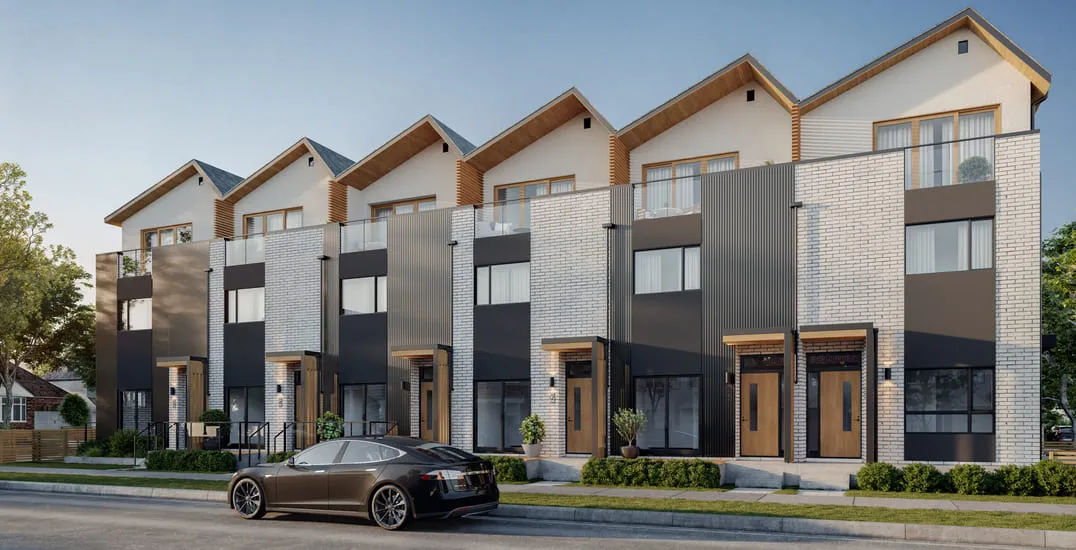 An elegant row of townhouses with contemporary design elements, including large front-facing windows, modern cladding, and rooftop terraces. The row houses feature clean lines and a harmonious blend of materials, situated in a vibrant residential street, beautifully captured in this 3D rendering of Vancouver.