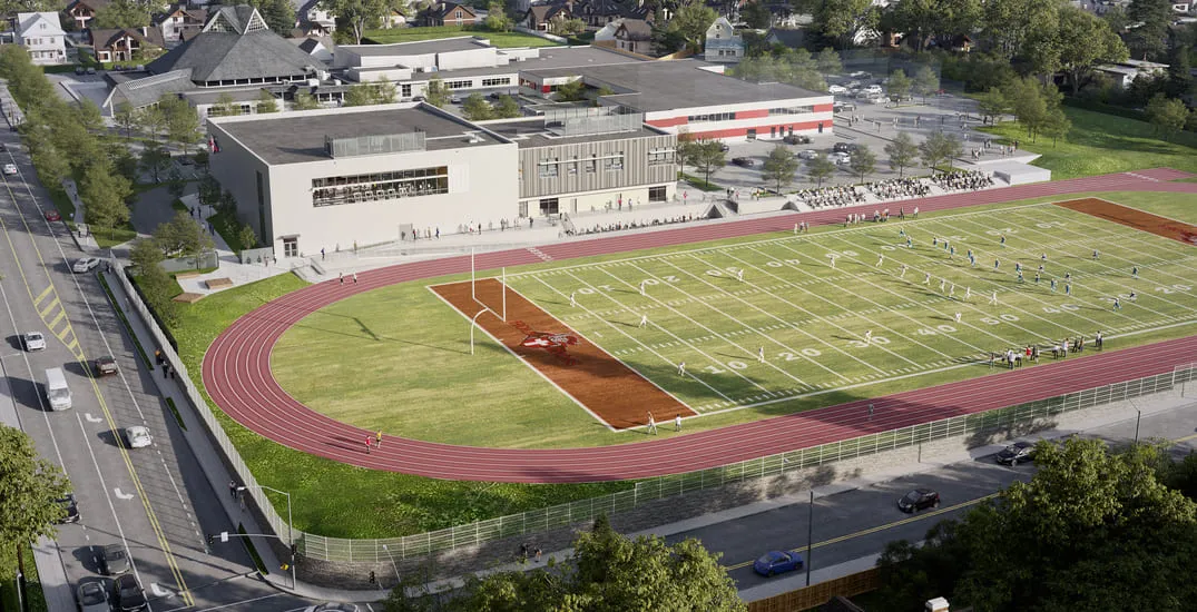 A modern educational facility with an attached sports complex. The rendering shows a state-of-the-art building with a well-designed football field and track, demonstrating a commitment to providing top-tier educational and athletic resources, excellently captured in this 3D rendering of Vancouver.