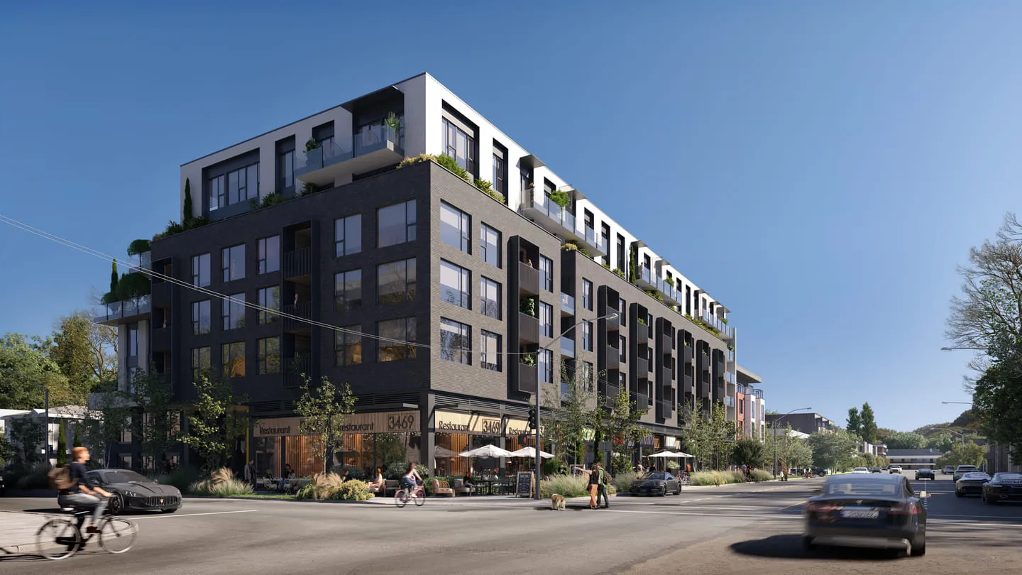 A multi-storey apartment building with a sleek, modern facade. The design includes extensive use of glass and metal, with balconies providing outdoor space for residents. The building is set within an urban landscape, highlighting the blend of modern architecture with city living in this 3D rendering of Vancouver.
