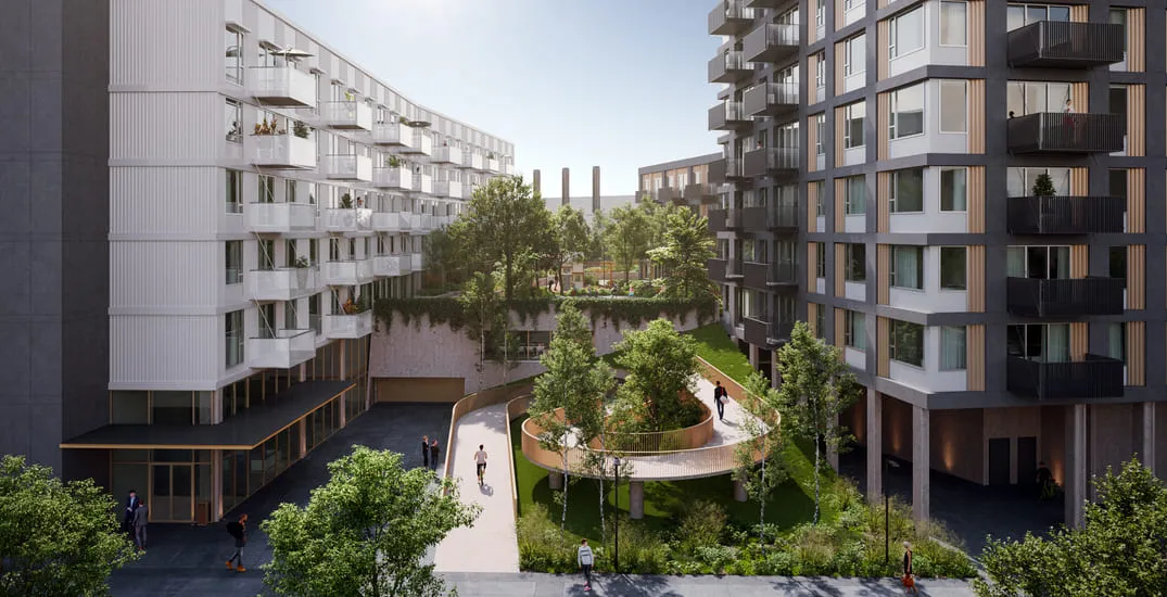 An urban residential area featuring modern mid-rise buildings surrounding a landscaped courtyard. The design promotes a sense of community with ample green spaces and pedestrian pathways, enhancing the living experience in a bustling urban district through this detailed 3D rendering of Vancouver.