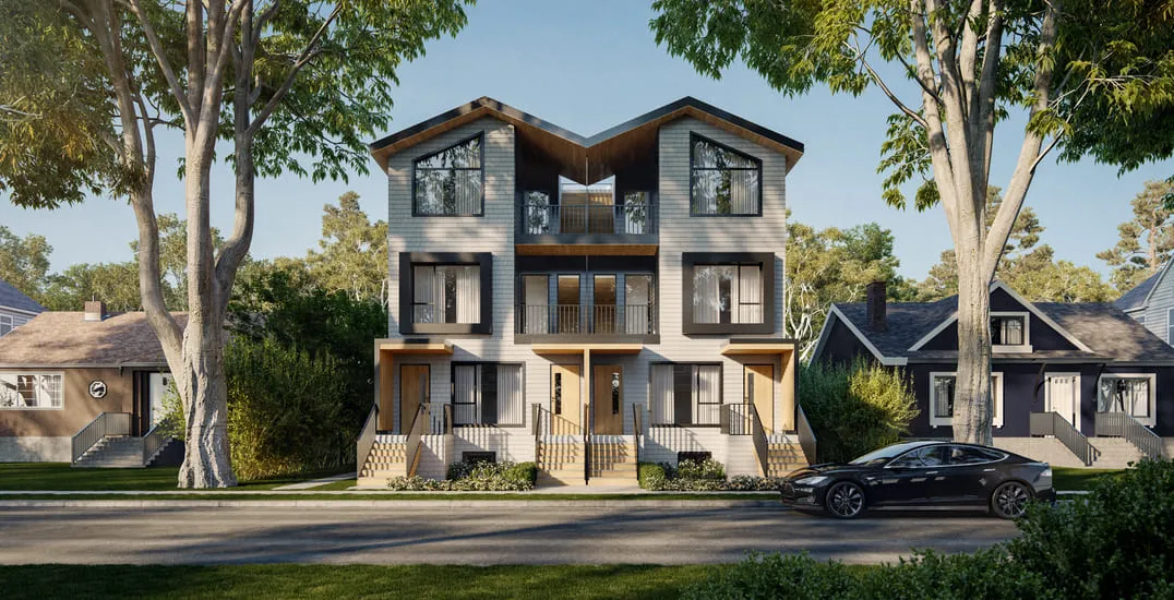 An elegant row of townhouses with contemporary design elements, including large front-facing windows, modern cladding, and rooftop terraces. The row houses feature clean lines and a harmonious blend of materials, situated in a vibrant residential street, beautifully captured in this 3D rendering of Vancouver.