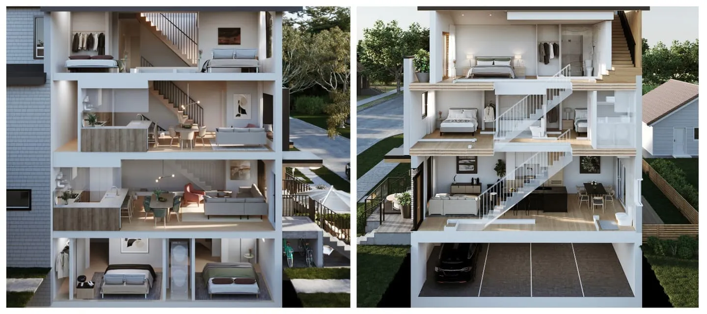 An interior cross-section view showcasing a multi-level townhouse with an open-concept layout. The design emphasizes spacious living areas, stylish interiors, and functional spaces, offering a glimpse into modern urban living through a detailed 3D rendering in Vancouver.