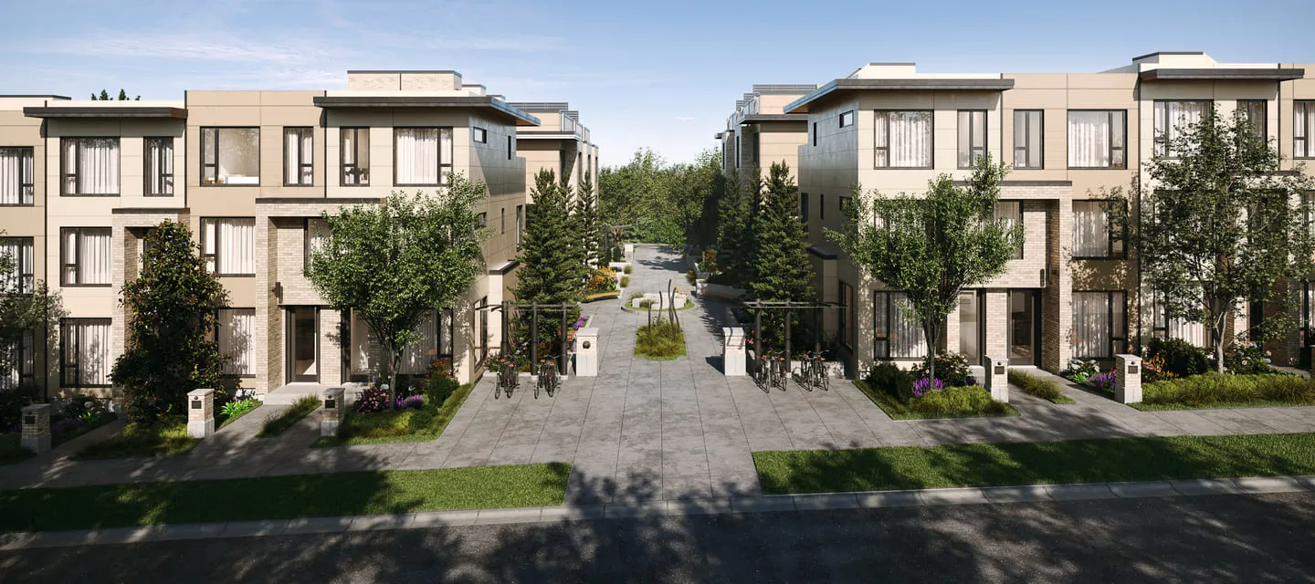 A community-oriented residential development featuring multiple low-rise buildings. The central courtyard is lush with greenery, creating a communal space for residents, with each building designed for maximum natural light and aesthetic appeal, depicted in this 3D rendering of Vancouver.