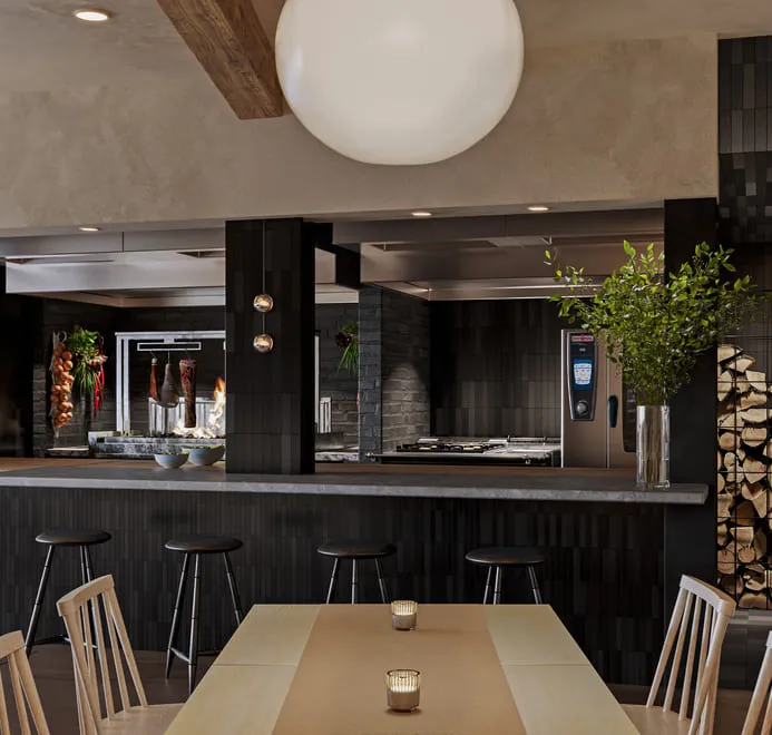 A sleek restaurant 3D rendering of a contemporary kitchen and bar, showcasing an open layout with modern appliances, bar seating, and a stylish, minimalist design.