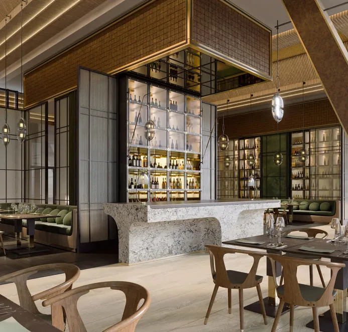 A sophisticated restaurant 3D rendering of a high-end bar, with an exquisite marble counter, well-organized shelves of spirits, and chic decor elements.