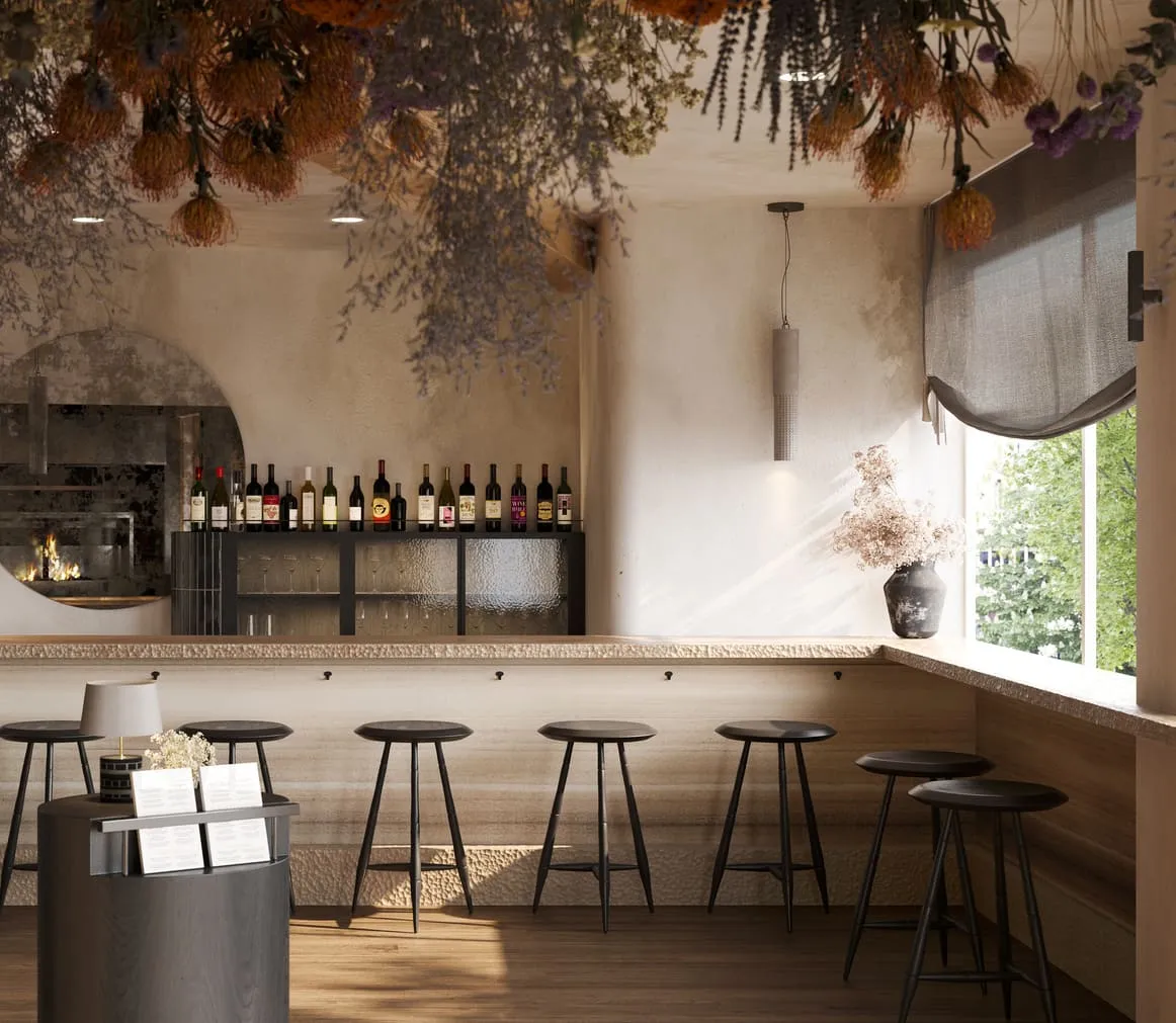 A cozy restaurant 3D rendering of a modern bar area, complete with bar stools, a selection of wines and spirits on display, and a warm, inviting atmosphere.