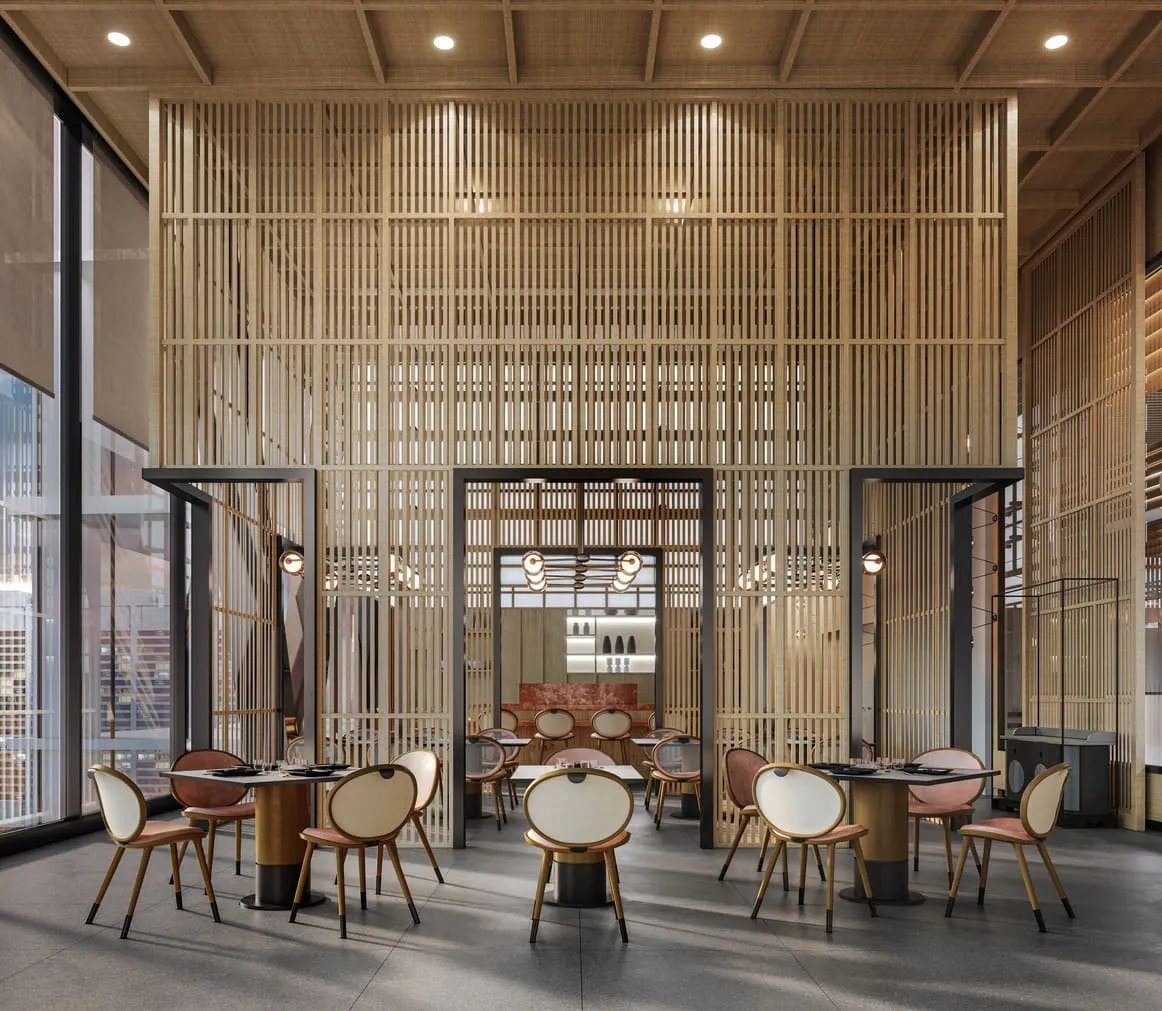 An elegant restaurant 3D rendering of a refined dining area, featuring a modern design with wooden partitions, stylish chairs, and ambient lighting.