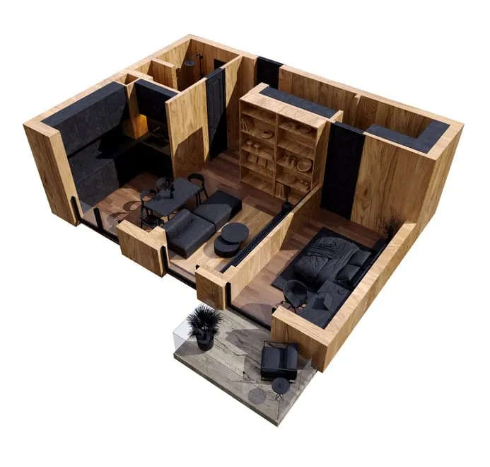 A cozy and efficient 3D floor plan for real estate displaying a compact apartment with a kitchen, living room, and bedroom.