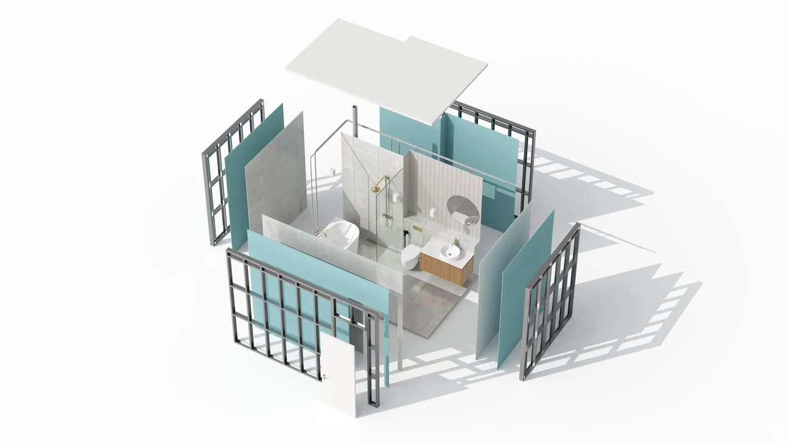 A detailed 3D floor plan for real estate showcasing a compact and modern bathroom layout with a glass shower, bathtub, and vanity unit.