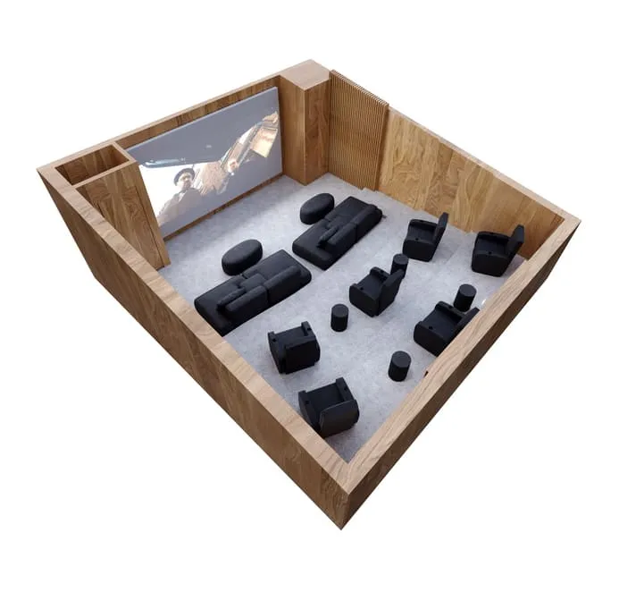 A spacious 3D floor plan for real estate illustrating a home theater room with multiple seating arrangements and a large projection screen.