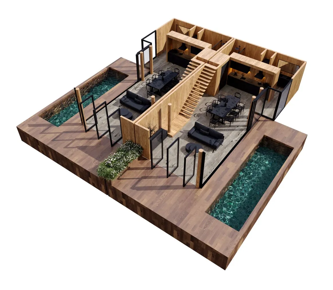 A comprehensive 3D floor plan for real estate featuring an expansive, open-concept living and dining area with pool access.