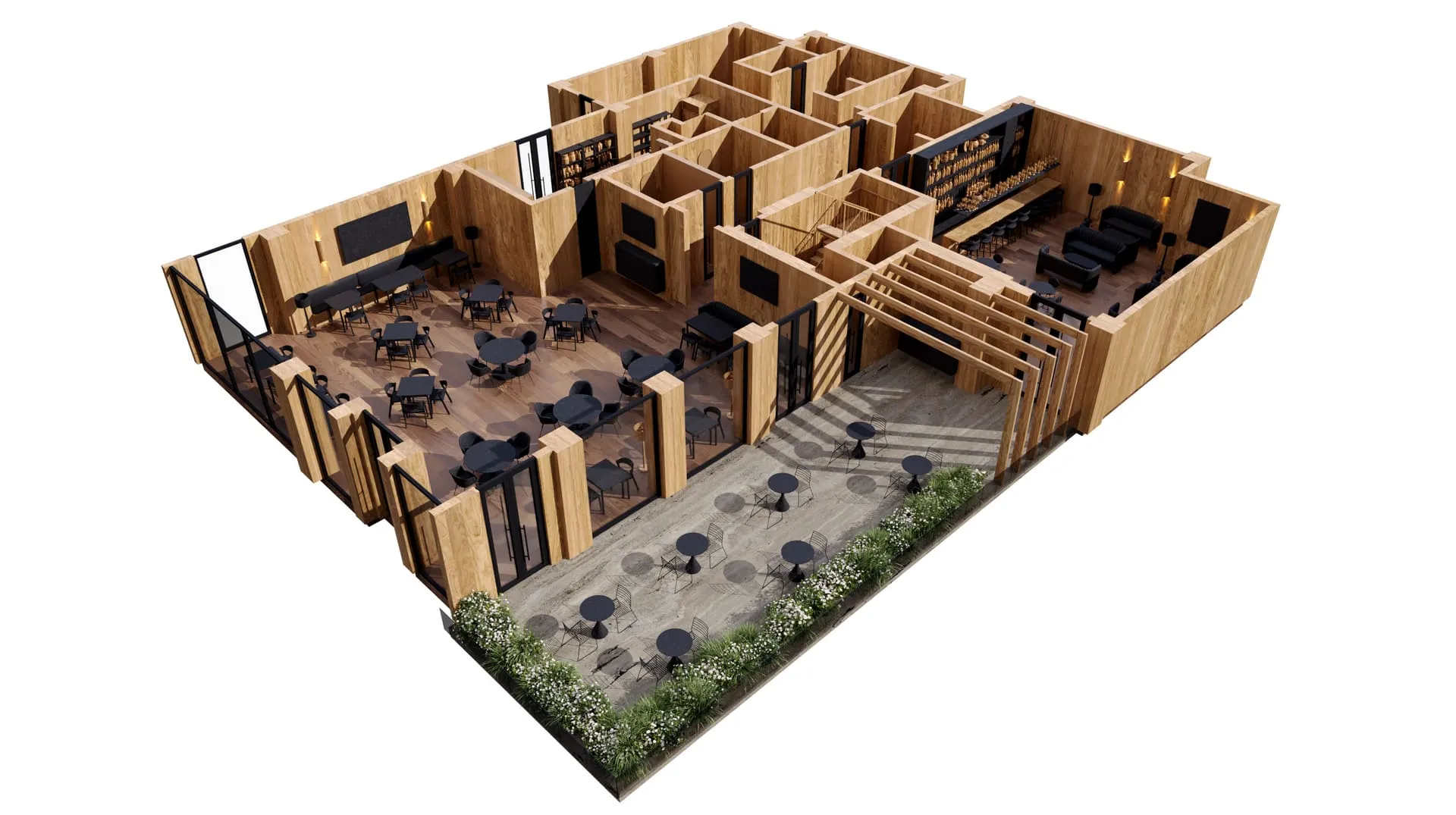 An elaborate 3D floor plan for real estate of a large dining and bar area with outdoor seating, ideal for a restaurant or event space.