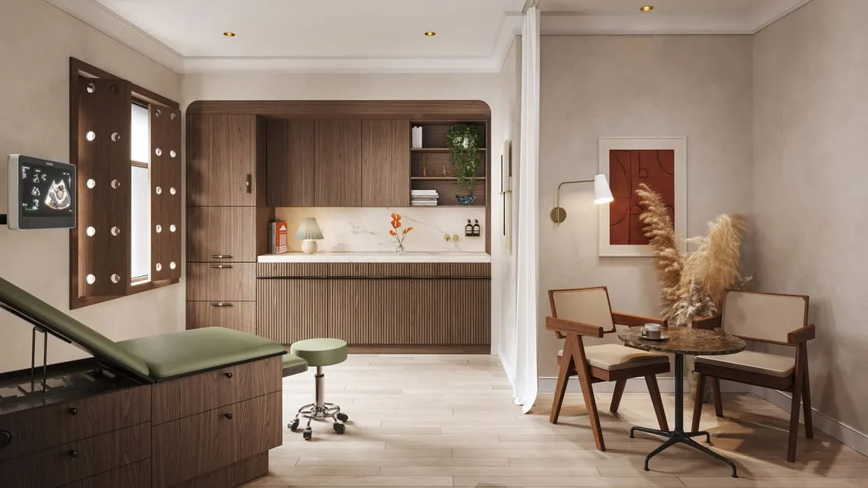 3D architectural rendering of a cozy ultrasound room in Toronto, featuring warm wood cabinetry, a comfortable examination bed, and modern medical equipment in a serene, inviting setting.