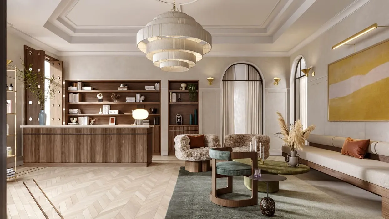 3D architectural rendering of a stylish host lounge in Toronto, depicting plush seating, elegant decor, and sophisticated lighting in a well-appointed, relaxing environment.