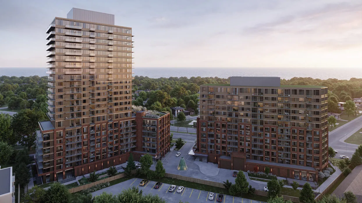 3D architectural rendering of twin residential towers in Toronto, highlighting their modern glass and brick facade with balconies, set against a backdrop of greenery and a distant waterfront.