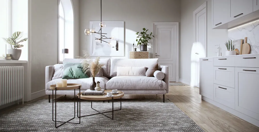 Scandinavian-style living room 3D rendering with a light gray sofa, minimalist decor, and an airy, bright ambiance.