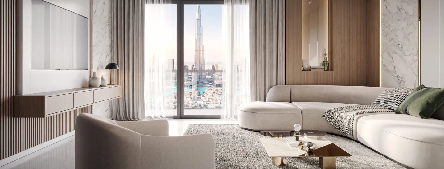 Elegant living room 3D rendering with a luxurious curved sofa, light-filled space, and a breathtaking city skyline view.