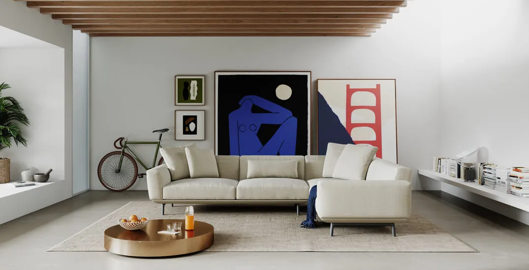 Cozy living room 3D rendering with a beige sectional sofa, colorful artwork, and a wooden ceiling, creating a warm and inviting atmosphere.