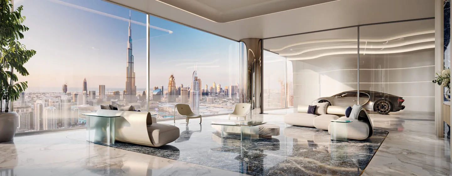 Ultra-modern living room 3D rendering featuring sleek white furniture, marble floors, and panoramic city views through large glass walls.