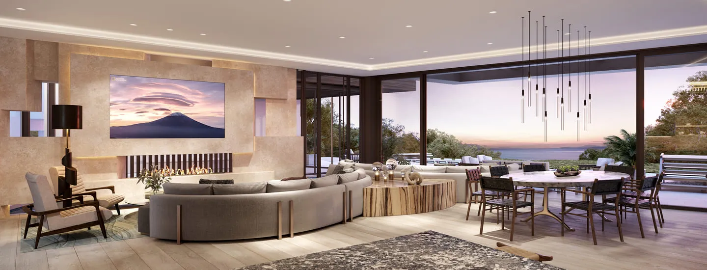 Sophisticated living room 3D rendering with a round sectional sofa, modern dining area, and expansive views of a beautiful sunset.