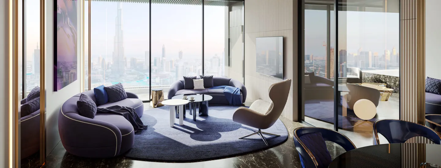 Modern living room 3D rendering with a stunning view of a cityscape, featuring stylish curved sofas and contemporary decor.