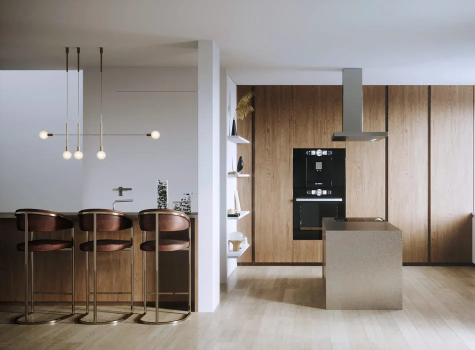 Modern 3D kitchen rendering services depict a spacious kitchen with natural wood elements and large glass windows offering an outdoor view.