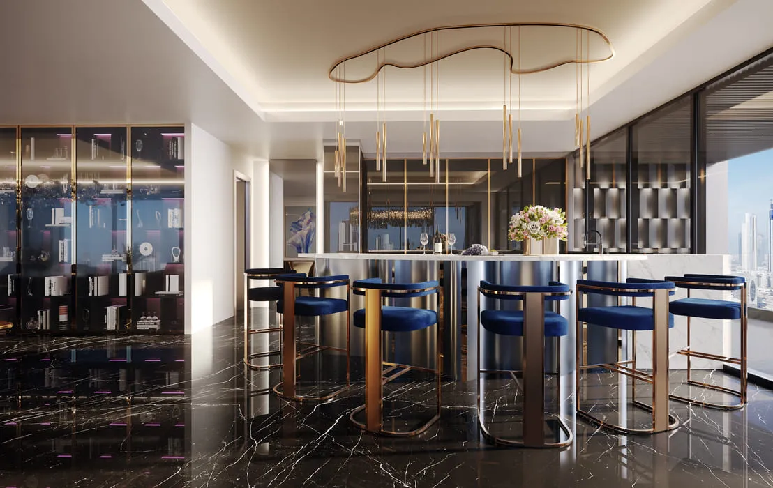 Luxurious 3D kitchen rendering showcasing a high-rise apartment with glossy finishes and a stunning view of the city skyline.