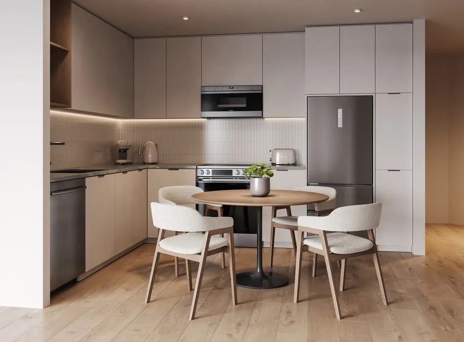 Compact and contemporary kitchen design featured by 3D kitchen rendering services with a minimalist table setup and grey cabinetry.