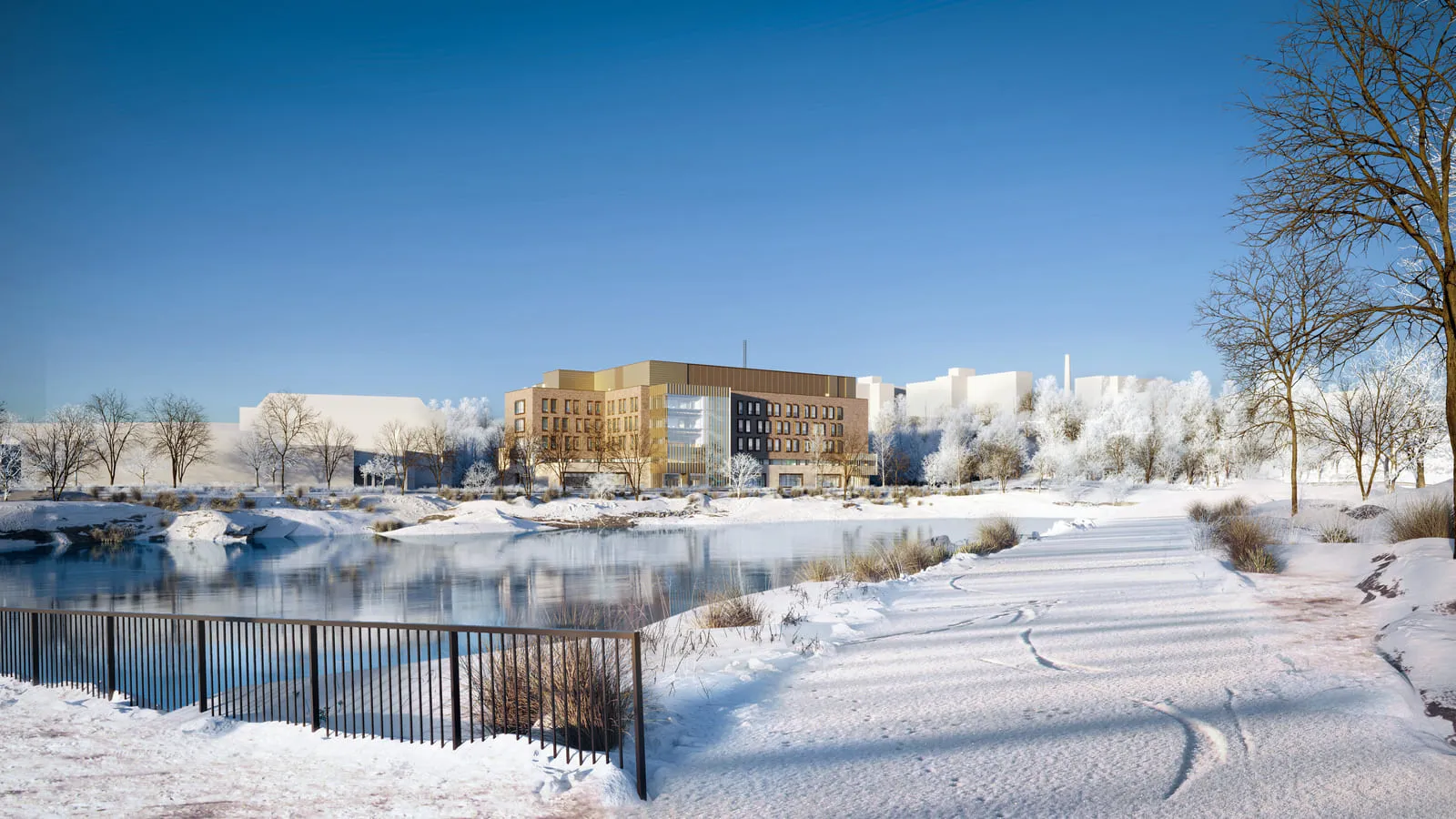 3D rendering of a modern building complex in a snowy landscape near a frozen river in Chicago, showcasing a sleek, contemporary architectural style.
