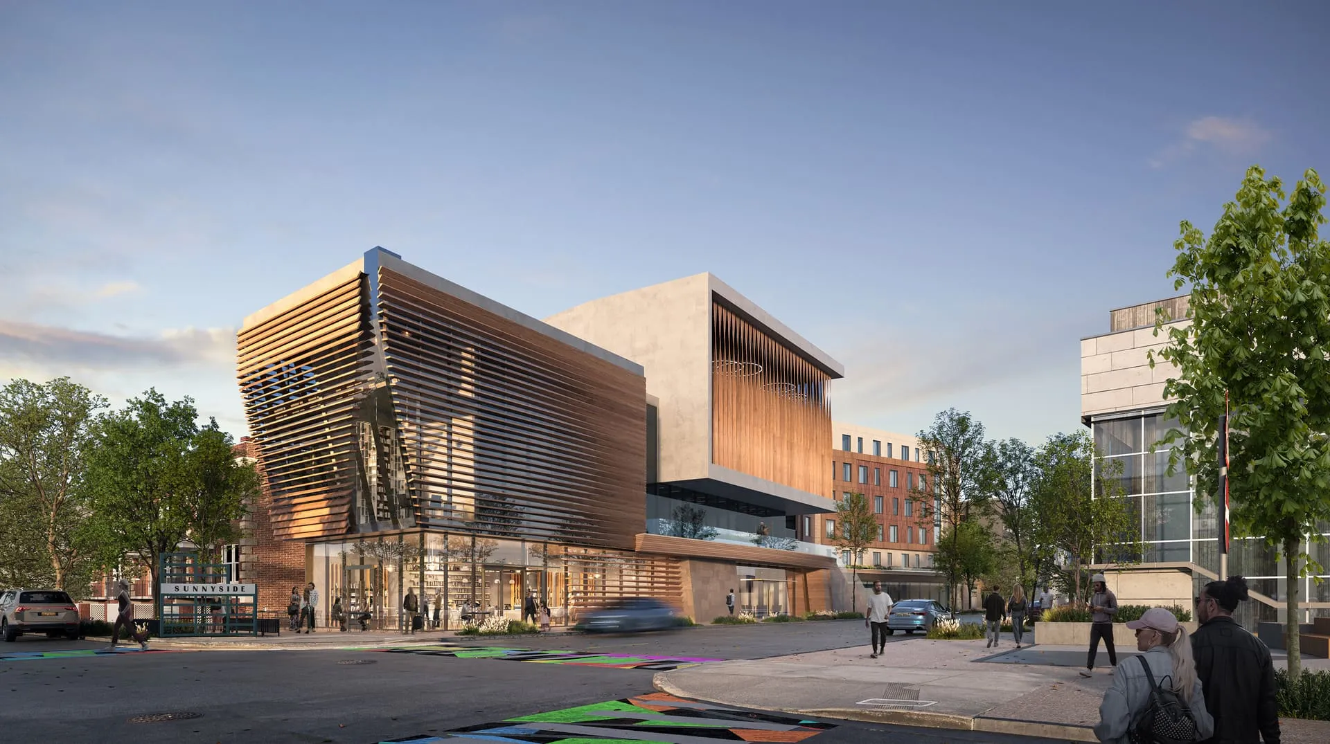 3D rendering of a contemporary community center in Chicago with wooden slats and modern design elements, integrated into a vibrant neighborhood setting.