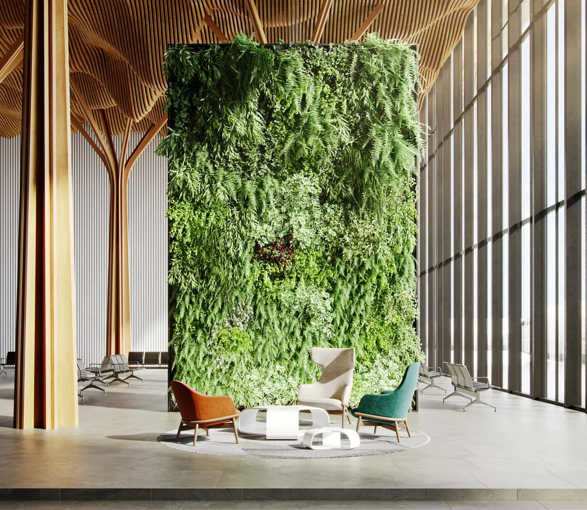 3D rendering of an interior lobby in Chicago featuring a large vertical garden amidst wooden architectural details and modern furniture.