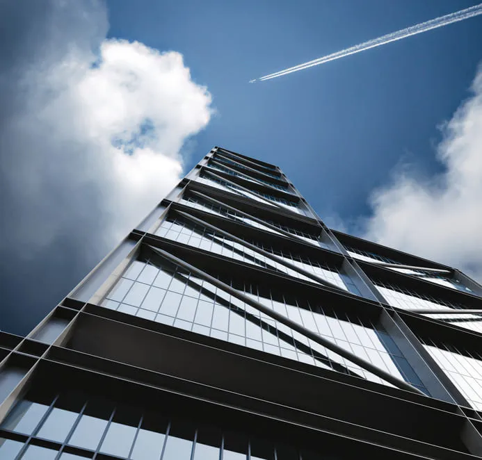 3D rendering of a tall skyscraper viewed from the ground up against a blue sky with clouds, highlighting the modern glass facade typical of Chicago architecture.