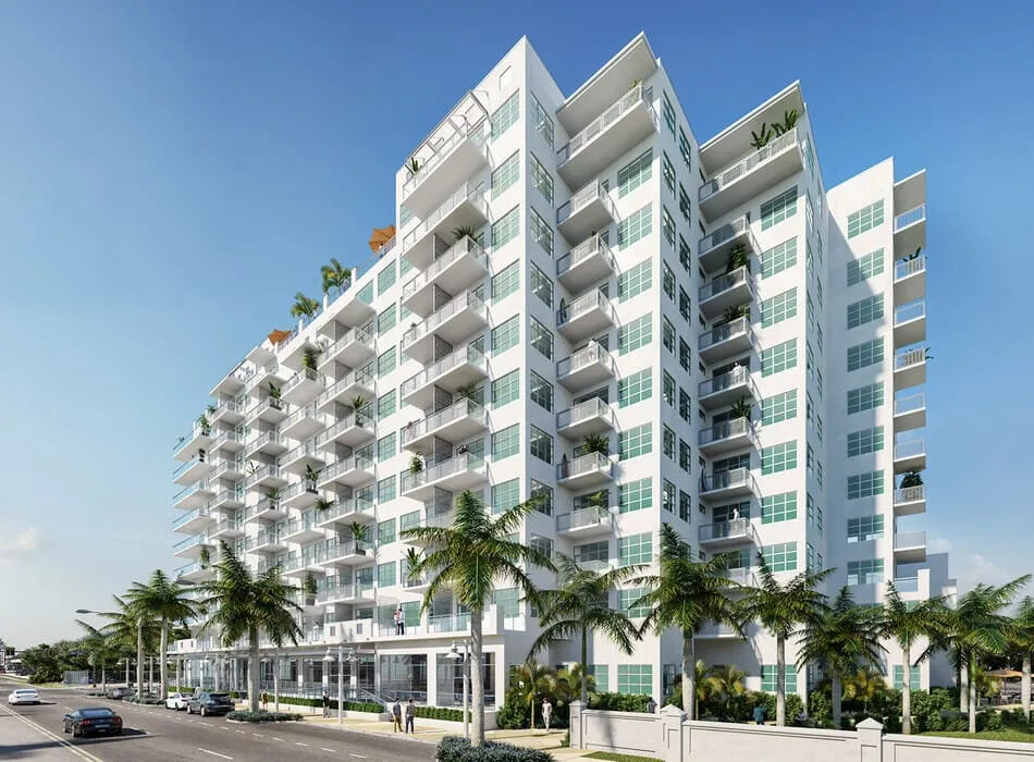 3D rendering of a contemporary high-rise residential building in Florida, with palm trees lining the street and balconies overlooking a busy avenue.