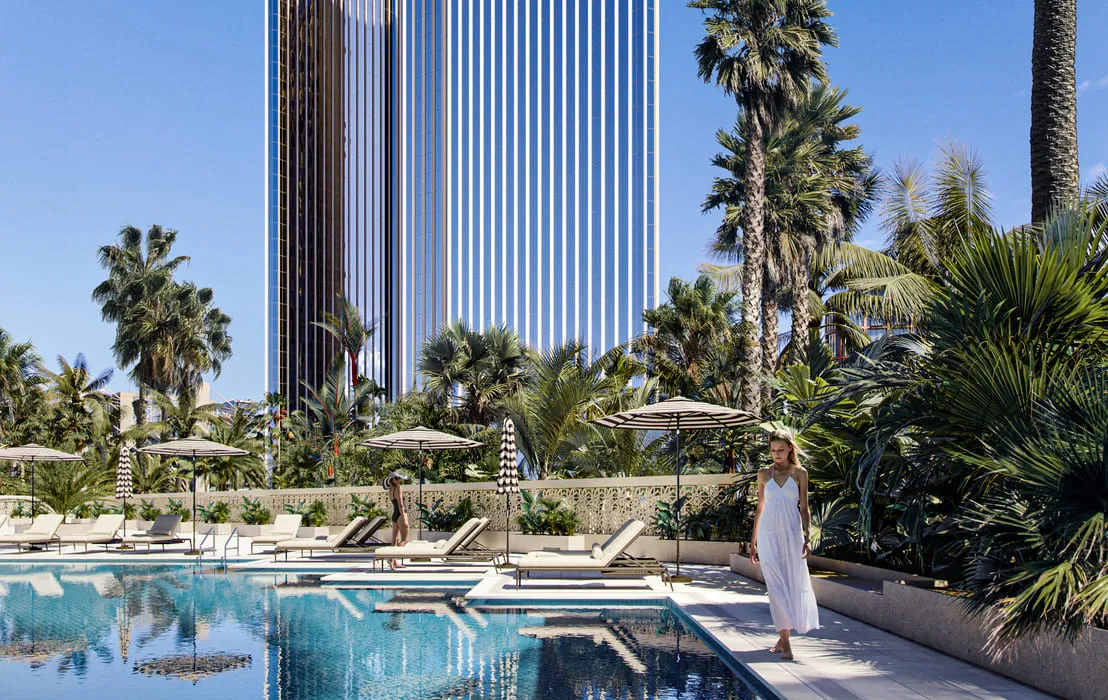 3D rendering of a luxurious poolside scene in Florida, showcasing a serene environment with palm trees, umbrellas, and a woman in a white dress walking beside the pool.