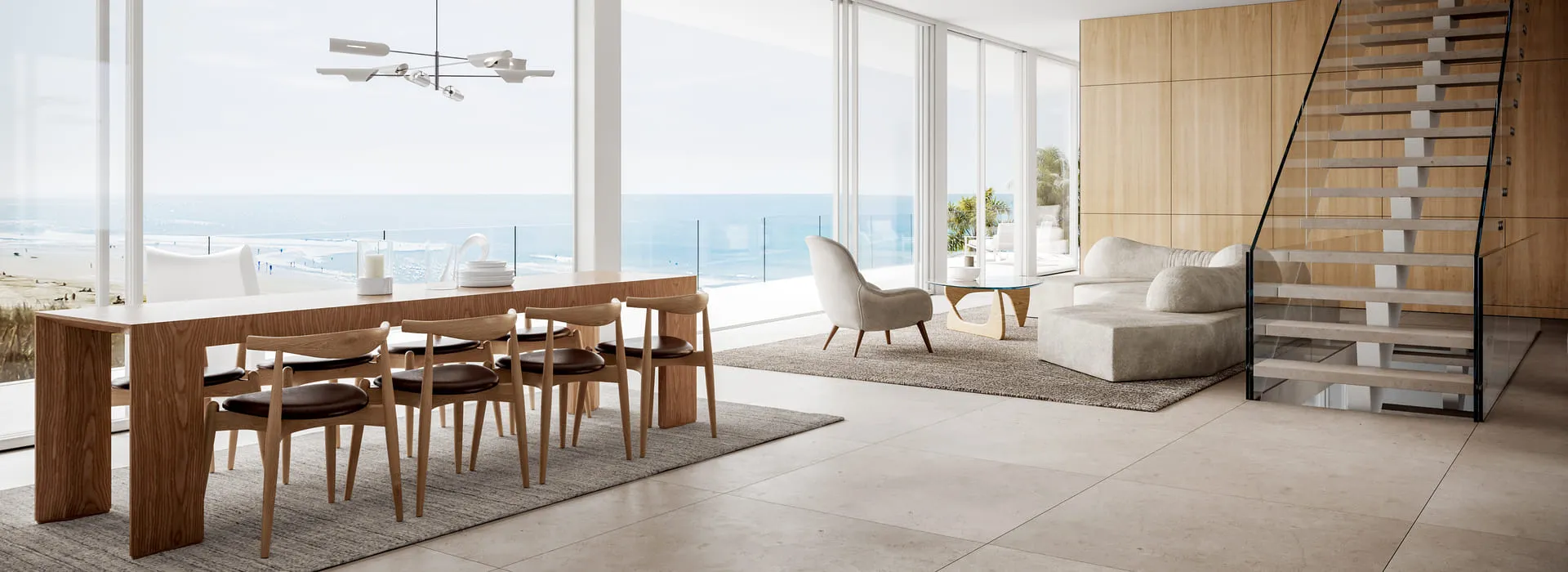 3D rendering of a modern beachfront dining room in Florida with ocean views through floor-to-ceiling windows, featuring a wooden table, chairs, and minimalist decor.