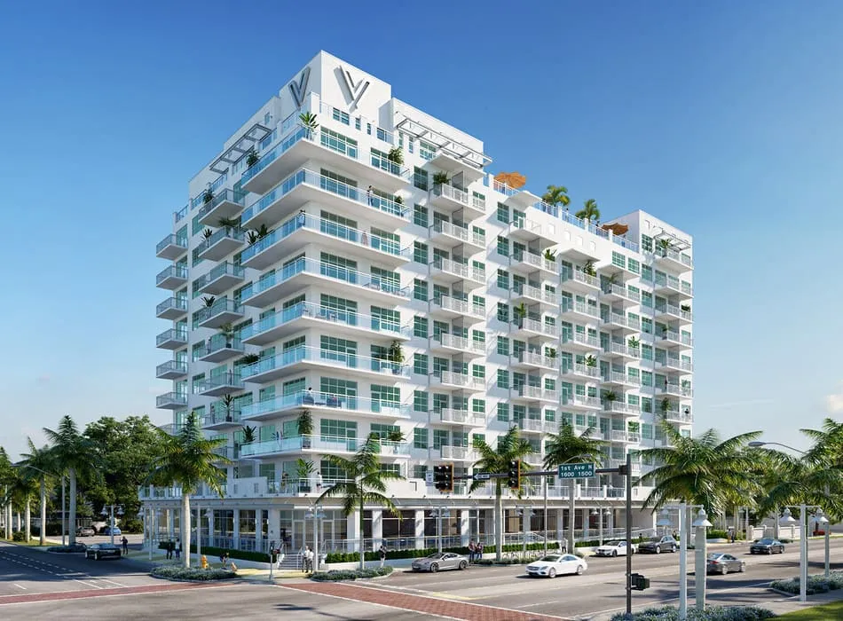 3D rendering of an upscale Florida high-rise condominium with detailed exterior architecture and palm trees enhancing the tropical urban environment.