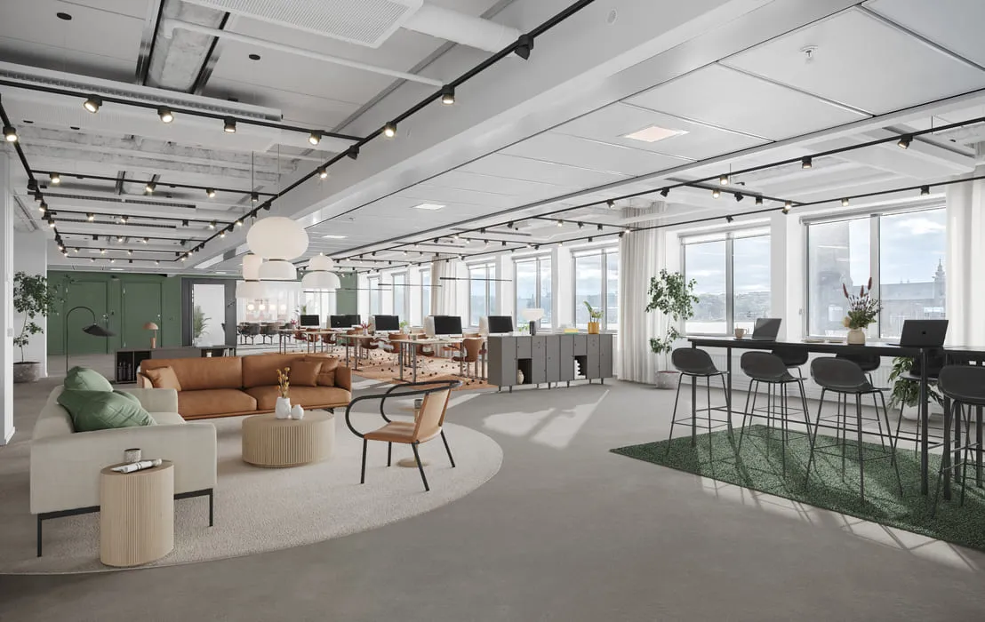 Virtual staging of a spacious office area with lounge seating, multiple workstations, and large windows allowing natural light.