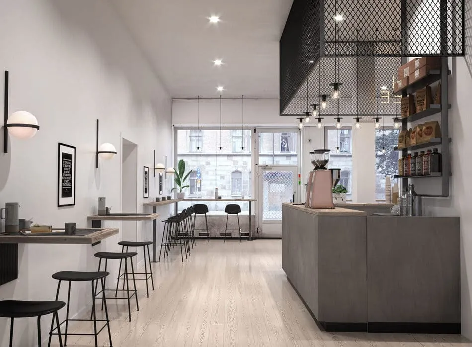 Virtual staging of a modern minimalist coffee shop with high stools, wooden counters, and a contemporary lighting setup.