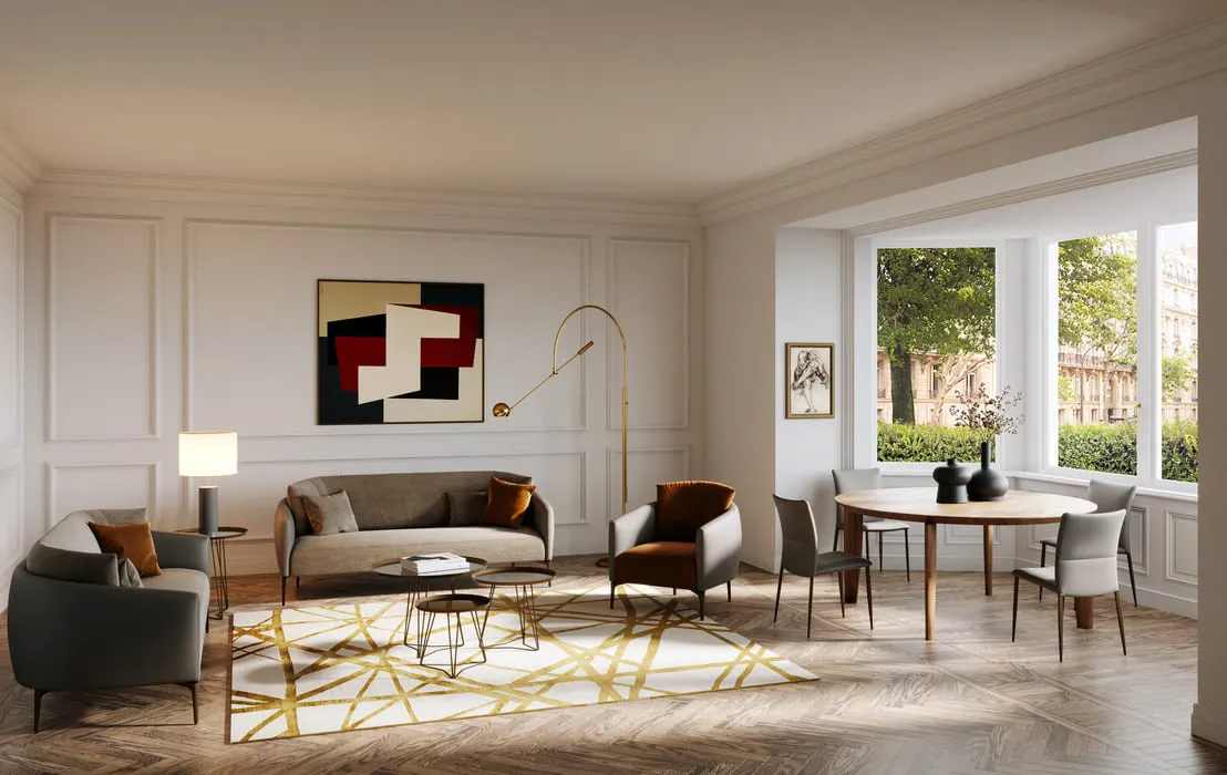 Virtual staging of a sophisticated living room with modern furniture, abstract wall art, and large windows with a city view.