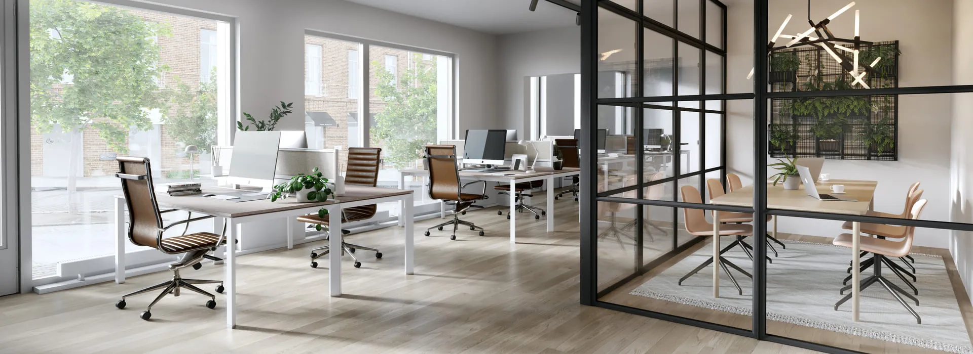 Virtual staging of an open-concept office space with white desks, ergonomic chairs, and a glass-walled meeting room.