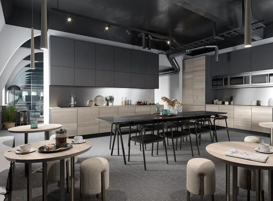 Virtual staging of a contemporary kitchen and dining area with dark cabinets, modern lighting, and small round tables.