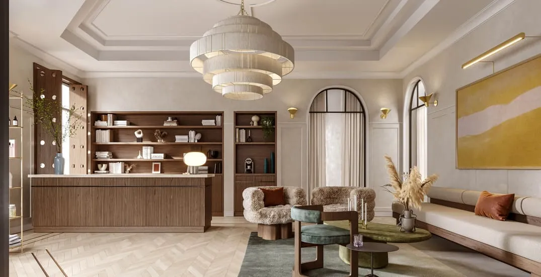 3D rendering of an upscale New York clinic, featuring cozy seating, soft lighting, and a modern aesthetic with wood and elegant accents.